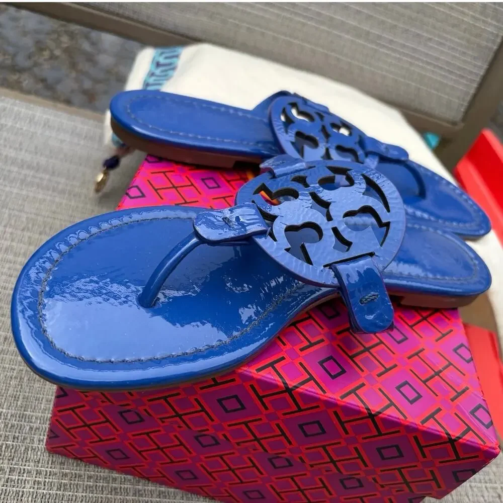 Tory Burch Miller Naplak Patent Leather Sandal Nautical Blue Thong Flat 6.5